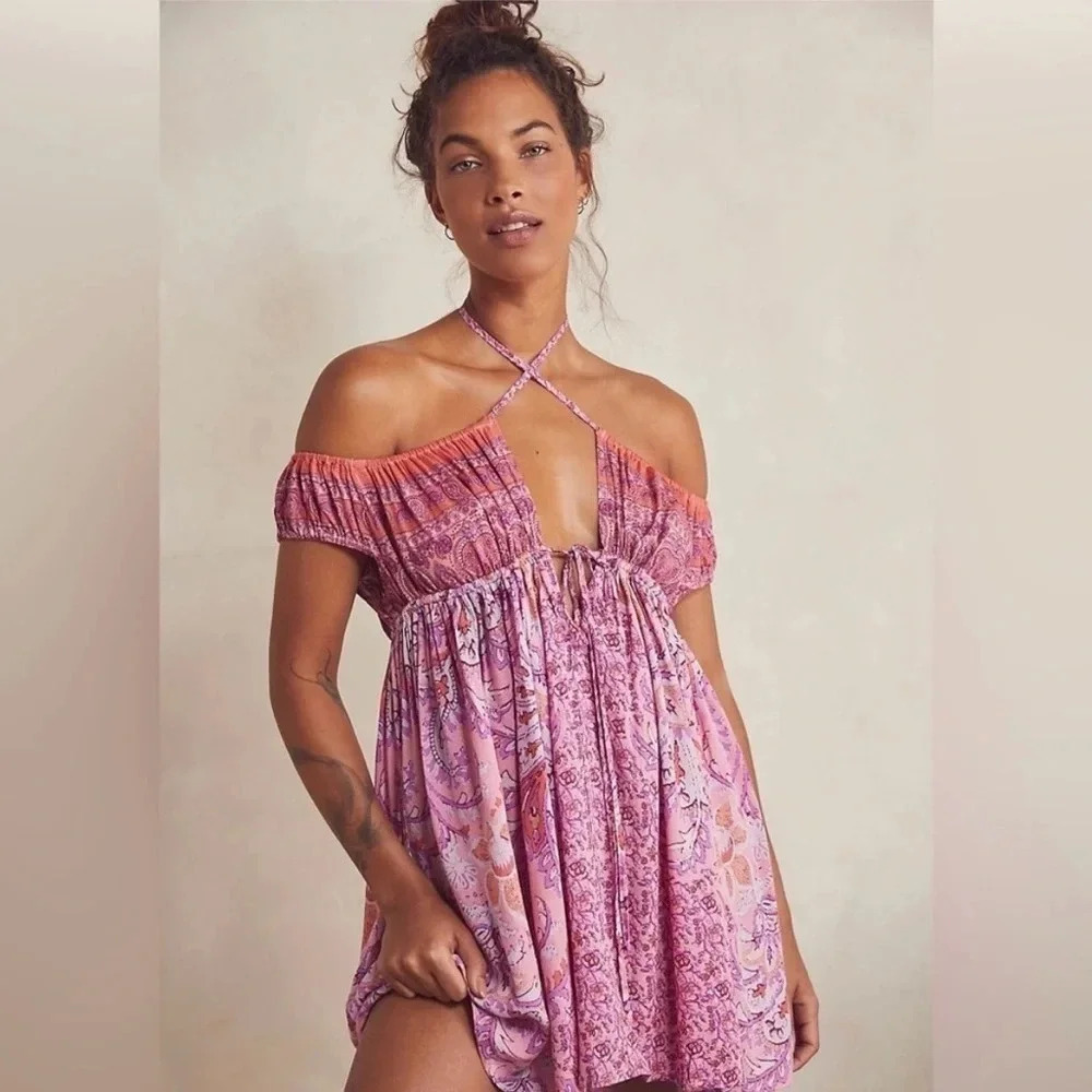 Free People Pink Paisley Off-Shoulder Halter Mini Dress
